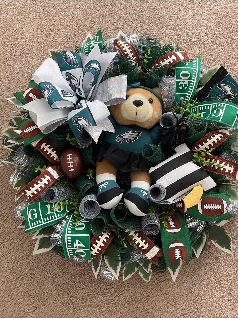 Philadelphia Eagles Football Themed Wreath with Plush Bear - Green & White